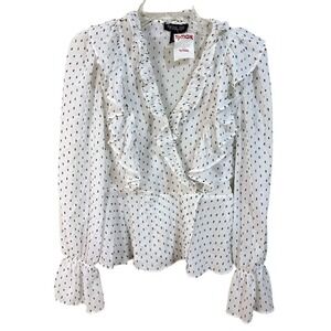 Rachel Zoe Ruffle Wrap Blouse Small White New Polka Dot Long Sleeve Peplum